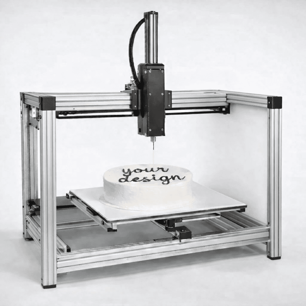 Chocolate 3D printer printing a custom frosting design onto a Bali birthday cake